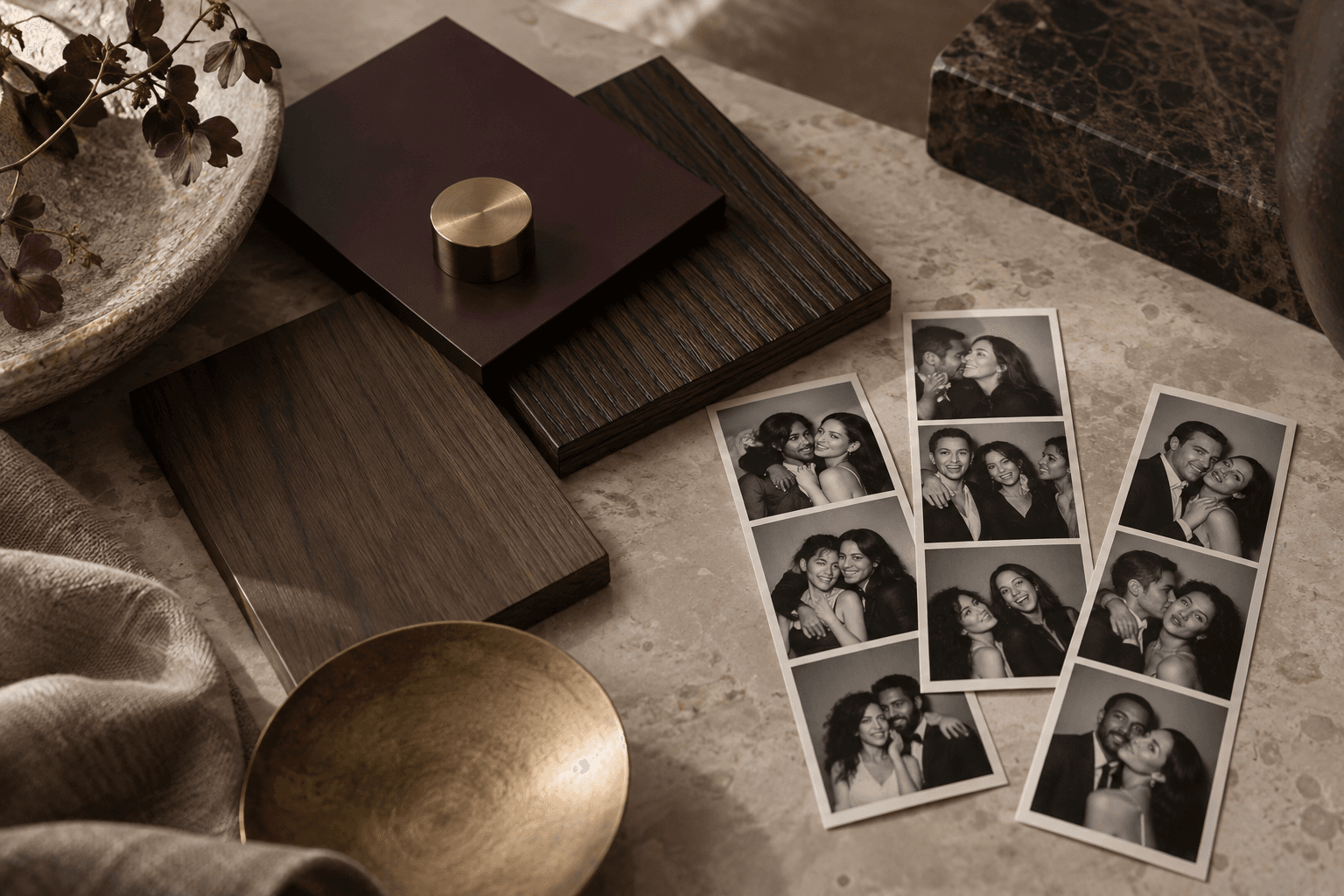Materiaalstudie met hout, aubergine lak, messing en zwart-wit fotostrips
